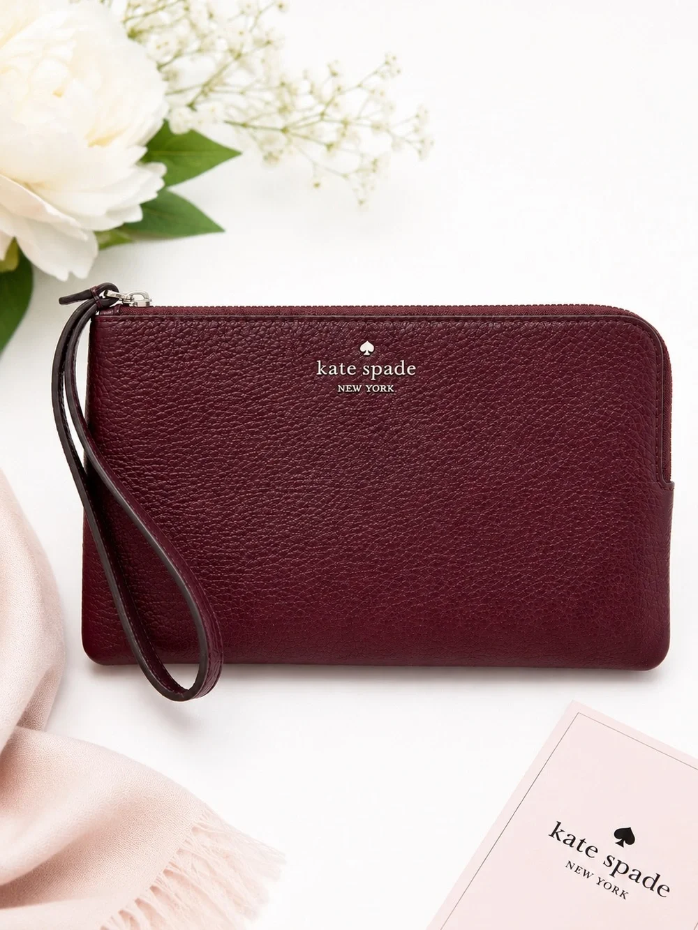 Kate Spade Chelsea Medium Wristlet Pouch Deep Berry Pebbled Leather NWT